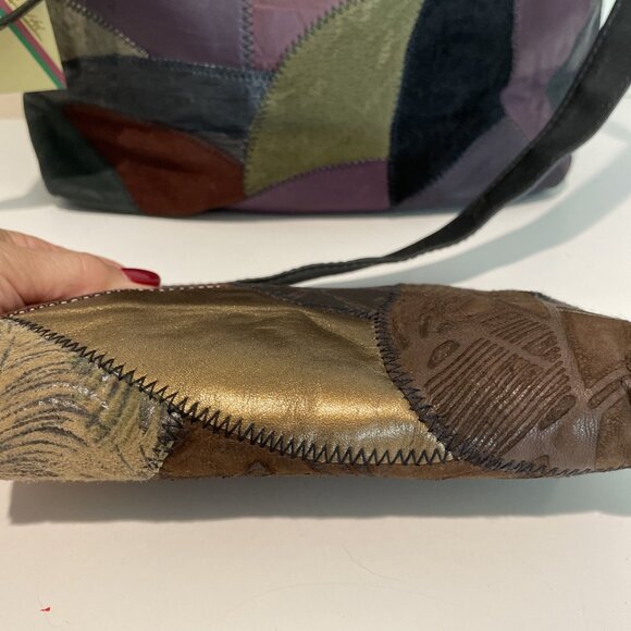 VTG Michael Stevens Leather Patchwork Shoulder Bag w/ Matching Makeup Bag NEW - Picture 4 of 16